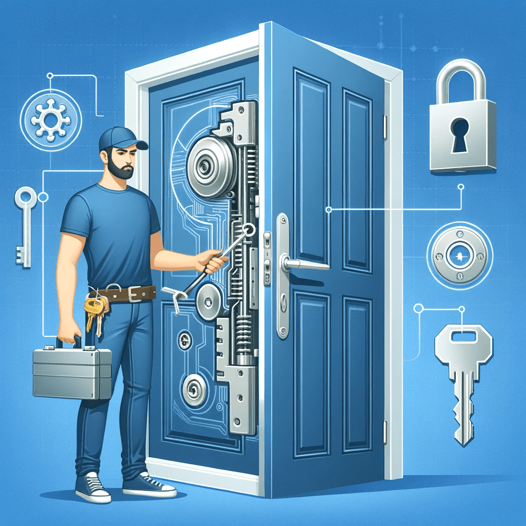dalle 2023 11 01 09.36.22 illustration of a modern homes front door half of which showcases the internal locking mechanism in a detailed cutaway view. beside the door stands  - The LockSmith Co.